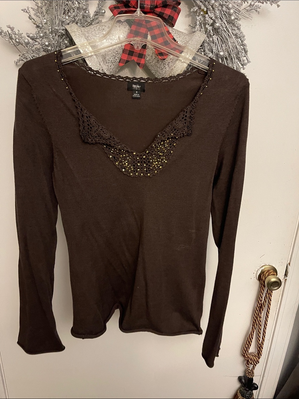 Liz Claiborne Brown Long-Sleeve V-Neck Top with Crochet & Beaded Trim